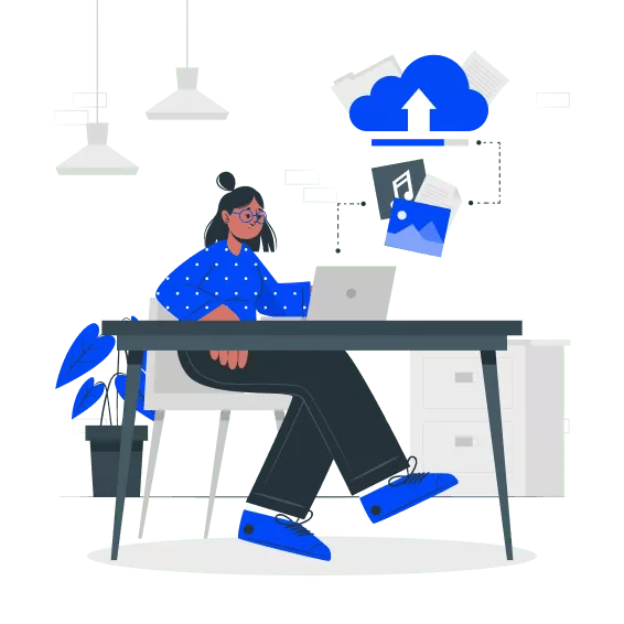 A graphic of a person seated at a desk, working on a laptop with cloud computing icons above.