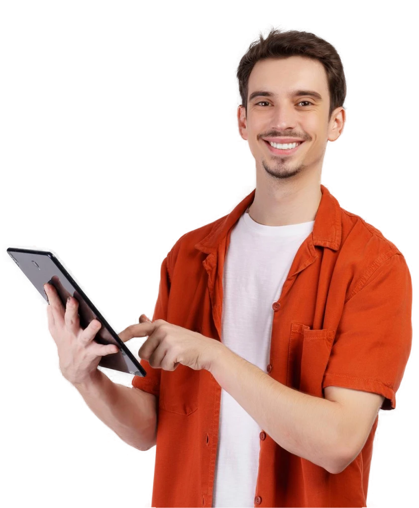 A smiling young man in a casual red shirt holding a tablet.