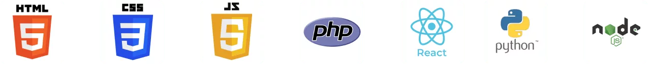 Logos of various programming languages and technologies: html5, css3, js (javascript), php, react, python, and node.js.