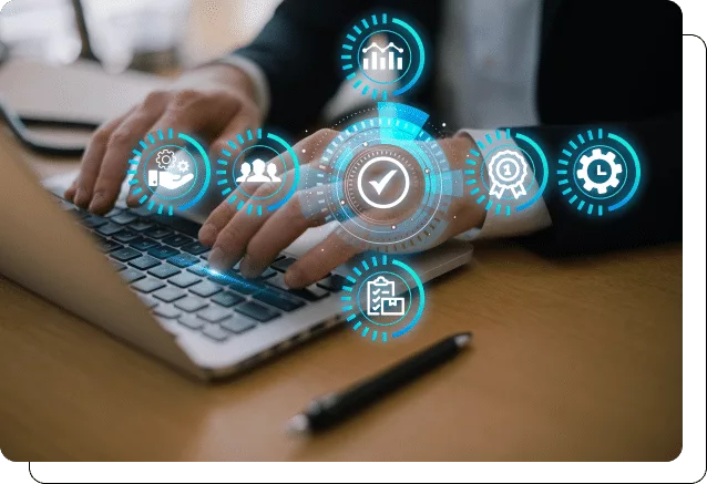 A person working on a laptop with digital icons representing data management and analytics overlaying the image.