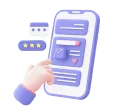 A hand interacting with a stylized mobile phone interface featuring chat, "About Us," rating stars, and heart icons.